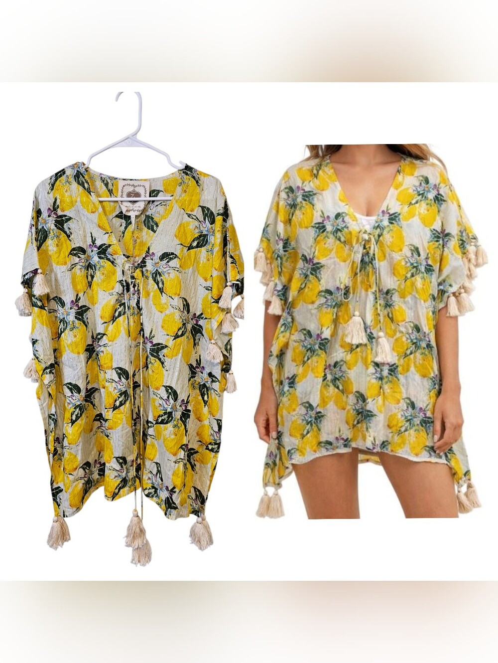 Z&L Lemon Tassel Kimono Coverup Metallic Thread Stripes Size S/M